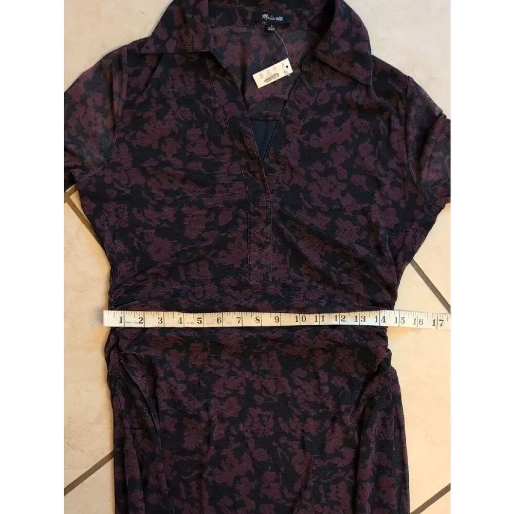 NWT Madewell Chandra Long-Sleeve Polo Midi Dress Deep aubergine Purple Floral L - Picture 8 of 15